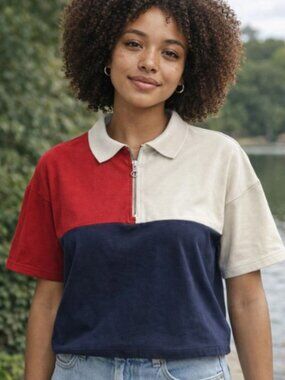 H&M Divided Colorblock Half Zip Polo Crop Top